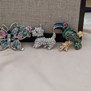 Vintage Butterfly, Rhinestone Scottie Dog, and Enamel Toucan Brooch Set